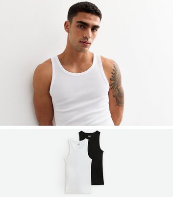2 Pack White/Black Slim Ribbed Cotton Vest Tops