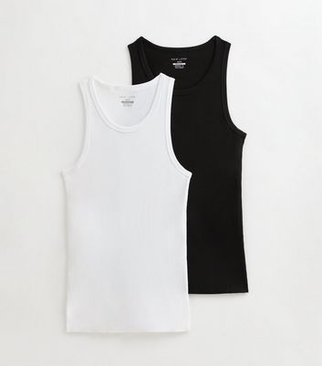 2 Pack White/Black Slim Ribbed Cotton Vest Tops 5 2 Pack White/Black Slim Ribbed Cotton Vest Tops