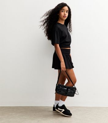 Girls Black Folded Waist Gathered Skort 3 Girls Black Folded Waist Gathered Skort