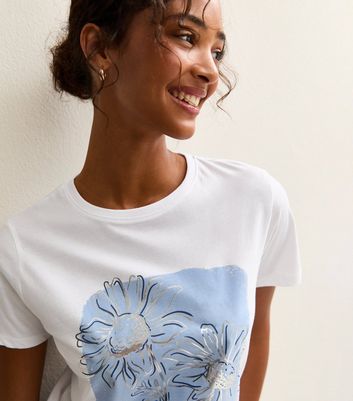 White Cotton Flower Print T-Shirt