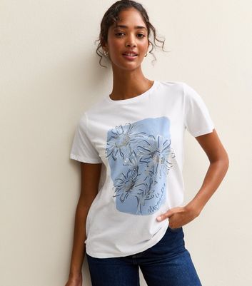 White Cotton Flower Print T-Shirt