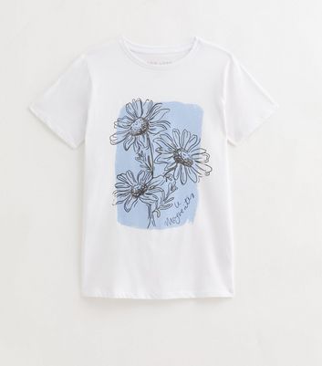 White Cotton Flower Print T-Shirt