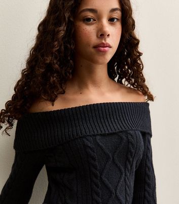 Girls Black Cable Knit Off Shoulder Jumper