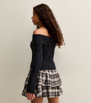 Girls Black Cable Knit Off Shoulder Jumper 4 Girls Black Cable Knit Off Shoulder Jumper