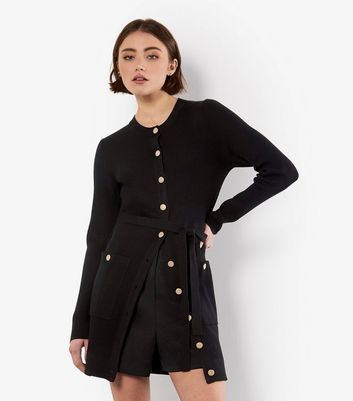 Apricot Black Button Ribbed Mini Dress