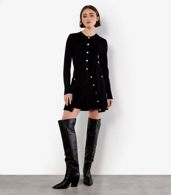 Apricot Black Button Ribbed Mini Dress