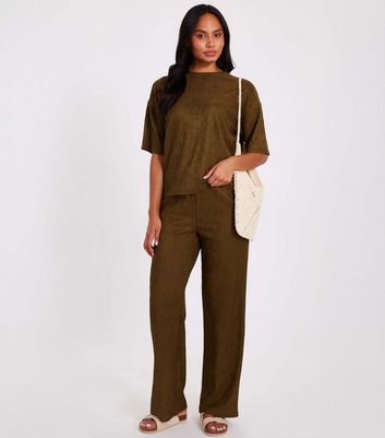 QUIZ Olive Textured Wide Leg Trousers