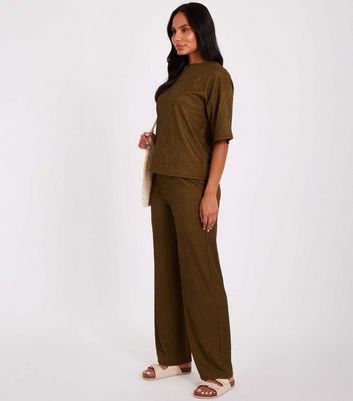 QUIZ Olive Textured Wide Leg Trousers