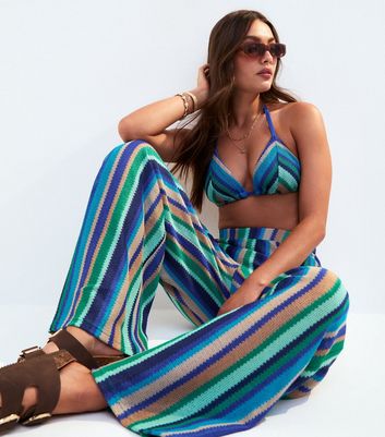 Blue Crochet Striped Cover Up Trousers