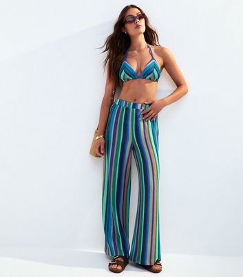 Blue Crochet Striped Cover Up Trousers