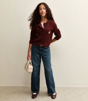 Burgundy Cable Knit Bear Embroidered Cardigan 3 Burgundy Cable Knit Bear Embroidered Cardigan