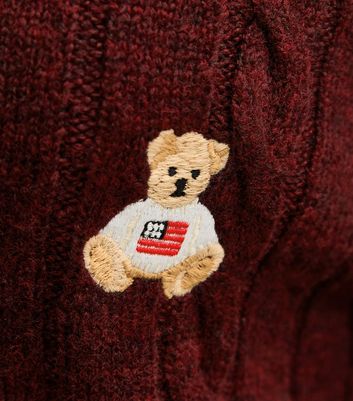 Burgundy Cable Knit Bear Embroidered Cardigan 5 Burgundy Cable Knit Bear Embroidered Cardigan