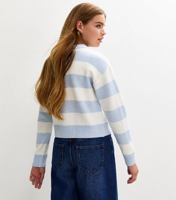 Girls Blue Striped Crew Neck Cardigan 4 Girls Blue Striped Crew Neck Cardigan
