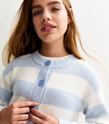 Girls Blue Striped Crew Neck Cardigan 5 Girls Blue Striped Crew Neck Cardigan