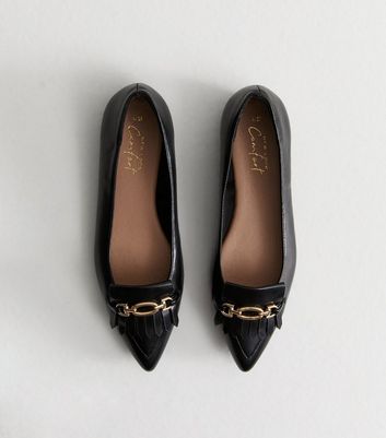 Black Faux Leather Chain Detail Ballet Flats