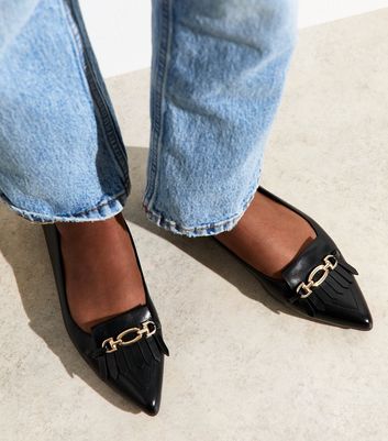 Black Faux Leather Chain Detail Ballet Flats