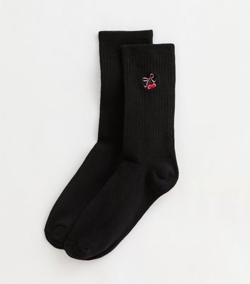 Black Embroidered Cherry Bow Tube Socks