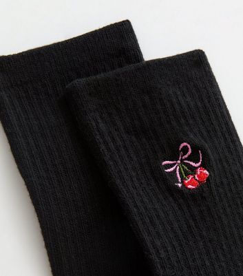 Black Embroidered Cherry Bow Tube Socks