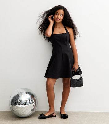 Girls Black Fit and Flare Halterneck Dress