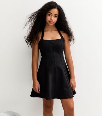 Girls Black Fit and Flare Halterneck Dress