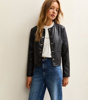 Black Collarless Faux Leather Jacket