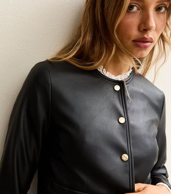 Black Collarless Faux Leather Jacket