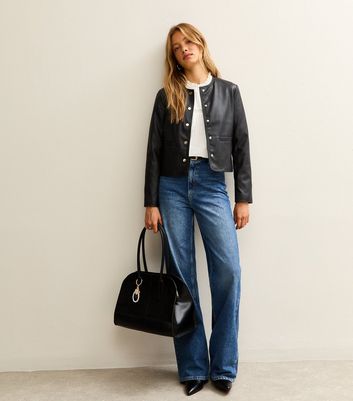 Black Collarless Faux Leather Jacket 3 Black Collarless Faux Leather Jacket