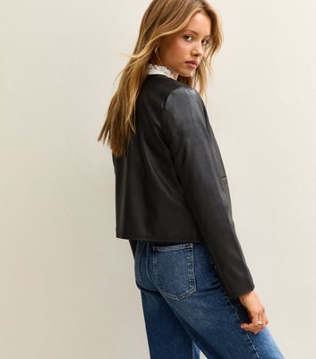 Black Collarless Faux Leather Jacket 4 Black Collarless Faux Leather Jacket