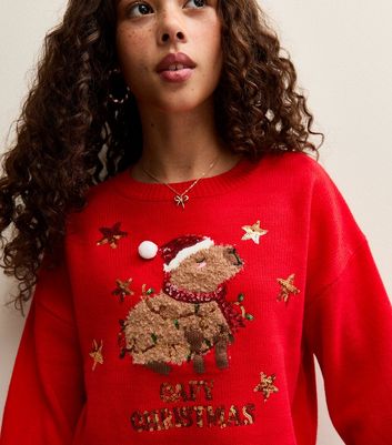Girls Bright Red Capy Christmas Jumper 4 Girls Bright Red Capy Christmas Jumper