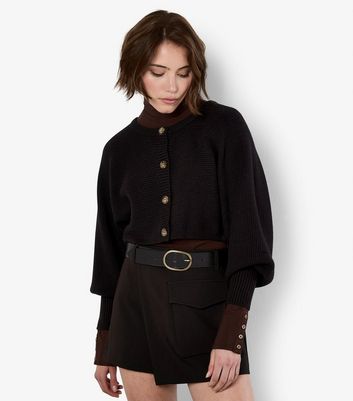 Apricot Black Ribbed Batwing Sleeve Cropped Cardigan