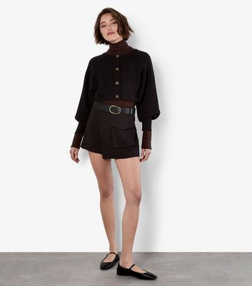 Apricot Black Ribbed Batwing Sleeve Cropped Cardigan