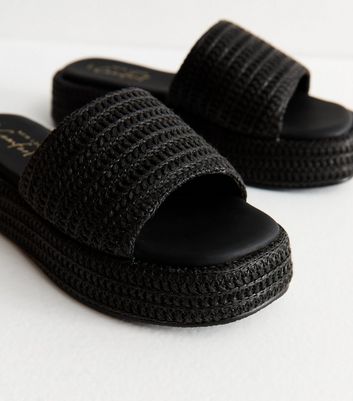 Black Raffia And Faux Leather Platform Mules
