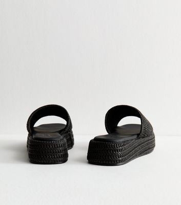 Black Raffia And Faux Leather Platform Mules
