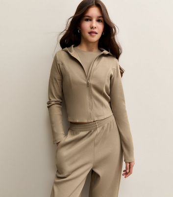 Girls Camel Waffle Texture Zip Up Hoodie