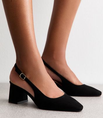 Black Faux Suede Block Heel Slingback Sandals