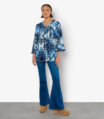 Apricot Blue Patchwork Print Blouse
