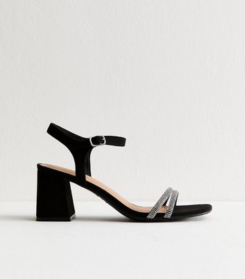 Black Faux Suede Embellished Block Heel Sandals