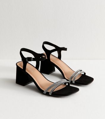 Black Faux Suede Embellished Block Heel Sandals 3 Black Faux Suede Embellished Block Heel Sandals