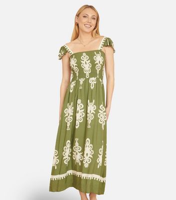 Yumi Green Block Print Smocked Sun Dress