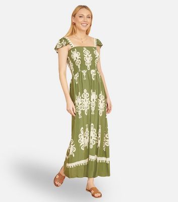 Yumi Green Block Print Smocked Sun Dress