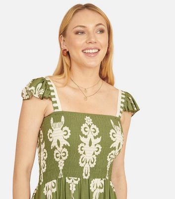 Yumi Green Block Print Smocked Sun Dress 3 Yumi Green Block Print Smocked Sun Dress