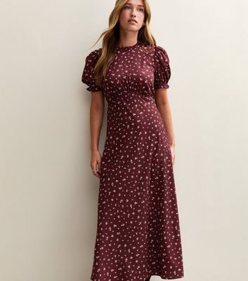 Red Ditsy Print Puff Sleeve Midi Dress