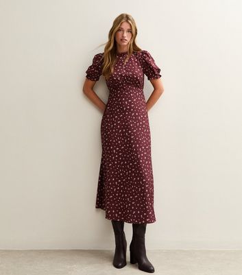 Red Ditsy Print Puff Sleeve Midi Dress