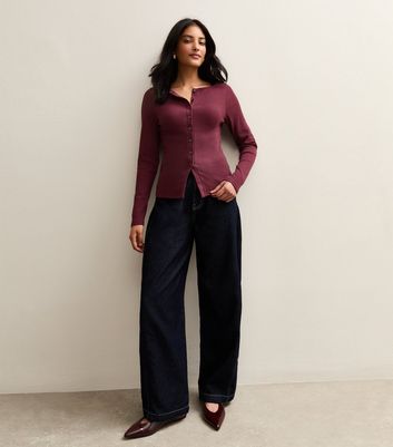 Burgundy Ribbed Button Through Long Sleeve Top