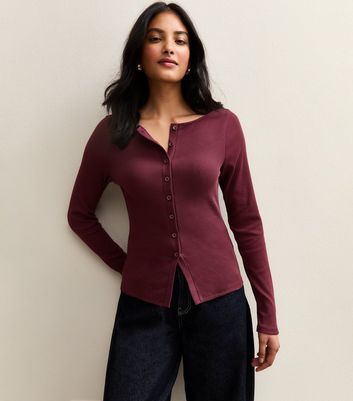 Burgundy Ribbed Button Through Long Sleeve Top