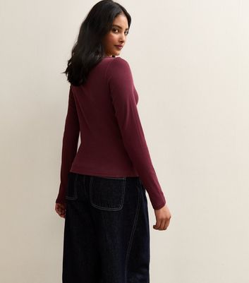 Burgundy Ribbed Button Through Long Sleeve Top