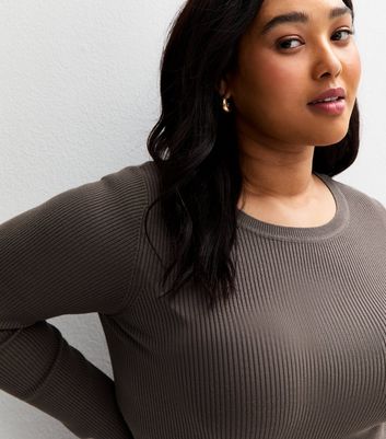 Curves Burgundy Ribbed Knit Crew Neck Jumper