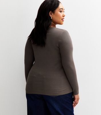 Curves Burgundy Ribbed Knit Crew Neck Jumper