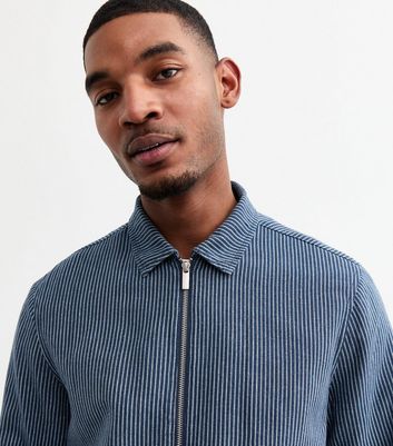 Blue Stripe Regular Linen Blend Zip Up Overshirt