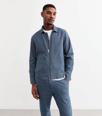 Blue Stripe Regular Linen Blend Zip Up Overshirt